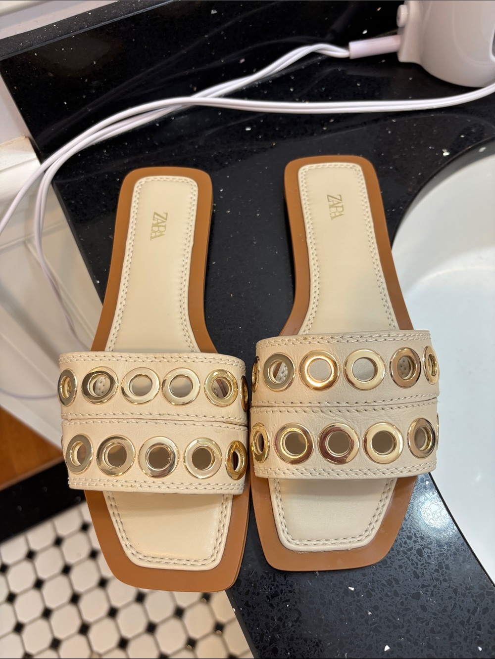 Zara Beige Slide Sandals with Gold Eyelet Trim